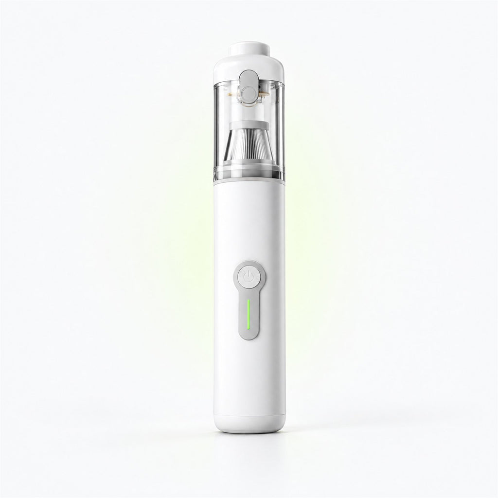 Plumeo white handheld vacuum standing upright